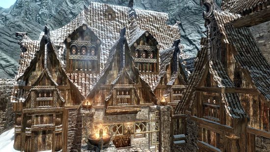 Casas de Skyrim - o exterior de Hjerim na neve