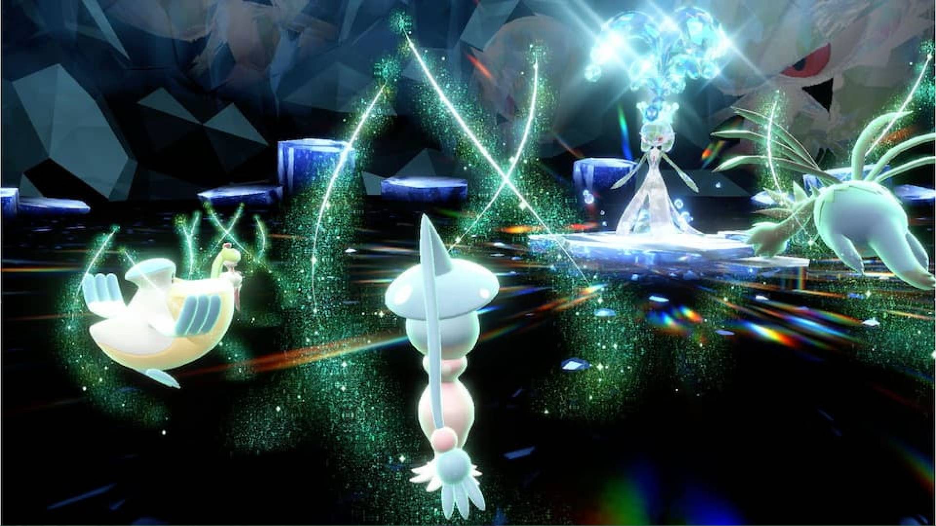 Batalhas de ataque Pokémon Scarlet e Violet tera: quatro Pokémon lutam contra um Pokémon terastal e são todos banhados por uma energia brilhante