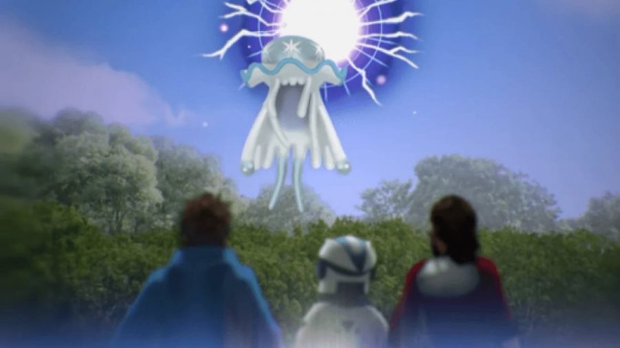 Pokemon Go Ultra Beasts: a água-viva Pokemon Nihilego aparece através de um buraco de minhoca na frente de vários treinadores de Pokemon