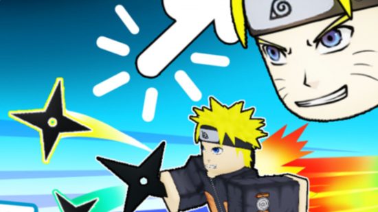 Personagem Naruto jogando shurikens em um fundo azul com uma versão maior de sua cabeça no canto superior direito e um dedo clicando no fundo azul.  Naruto é loiro com uma faixa preta e uma explosão de energia vermelha e amarela atrás dele representando movimento.