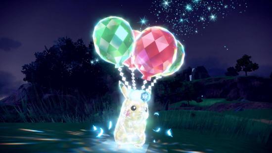 Pré-encomenda de Pokémon Scarlet e Violet: uma captura de tela de Pokémon Scarlet e Violet mostra um Pikachu envolto em algum tipo de substância cristalina, enquanto balões aparecem acima de sua cabeça