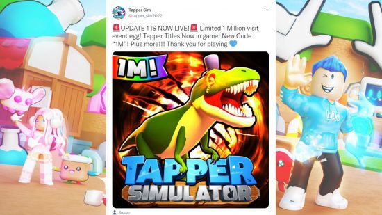 Códigos Tzpper Simulator - um tweet do Twitter oficial do Tapper Simulator anunciando um milhão de visitas