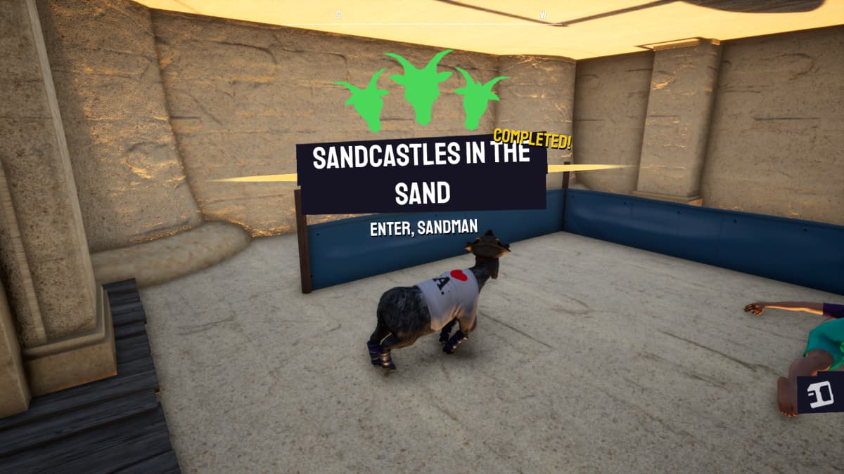 Cabra parada dentro do castelo de areia após completar o evento no Goat Simulator 3