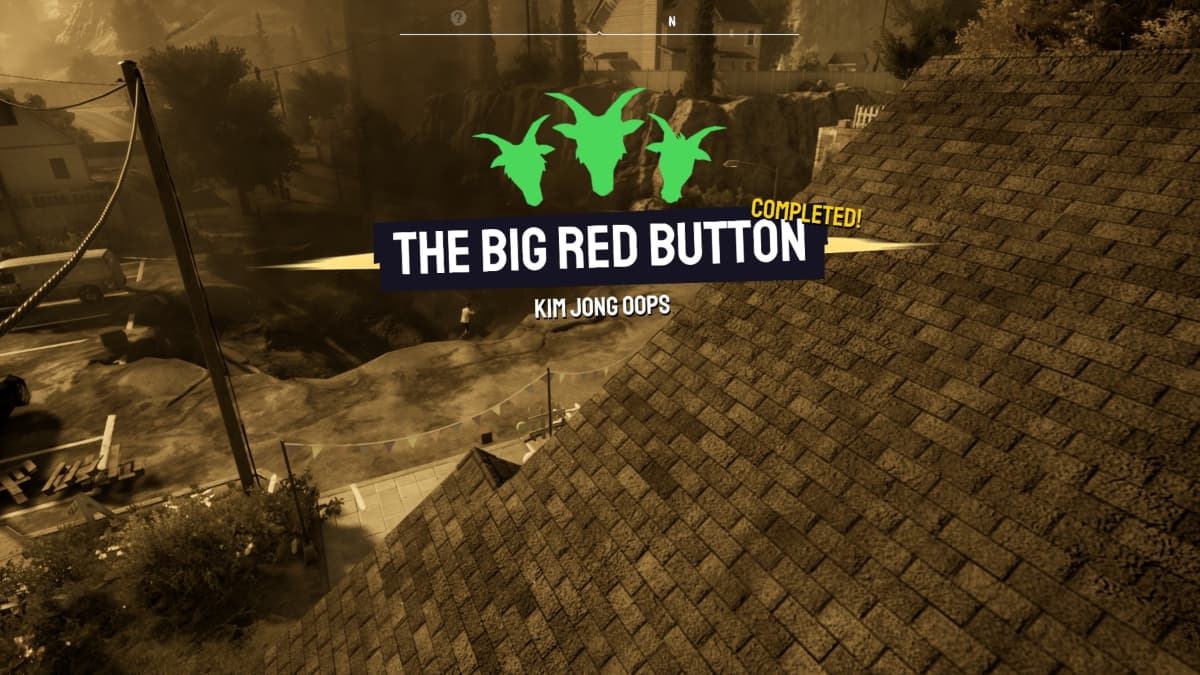 Um banner indicando a conclusão do Big Red Button mesmo no Goat Simulator 3