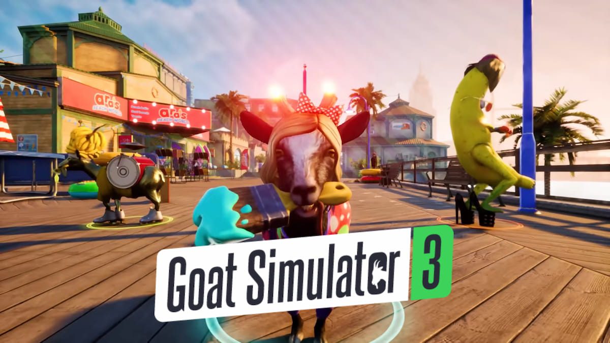 Star Goat em pé no meio da imagem da capa do Goat Simulator 3