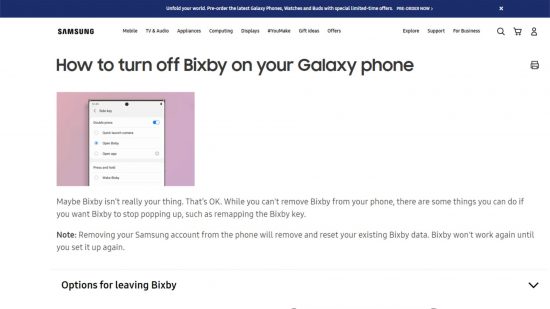 Uma captura de tela que mostra como desativar o Bixby