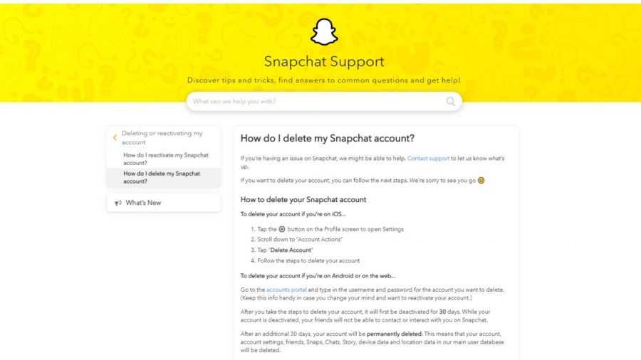 Uma página da web que explica como excluir a conta do Snapchat