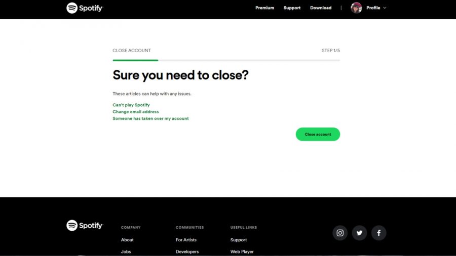 Uma página da web que explica como excluir uma conta do Spotify