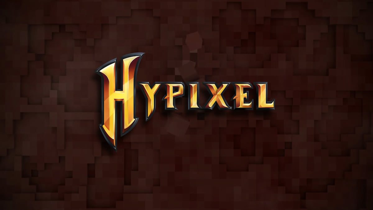Hypixel escrito em um fundo pixelado.