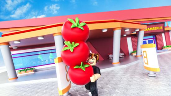 Um personagem do Roblox (como uma figura de Lego ou Playmobil), carregando três tomates enormes em uma torre, enquanto se afasta de um prédio com telhado laranja e pilares que sustentam um telhado sobre a seção externa, em arte para Build a Market.