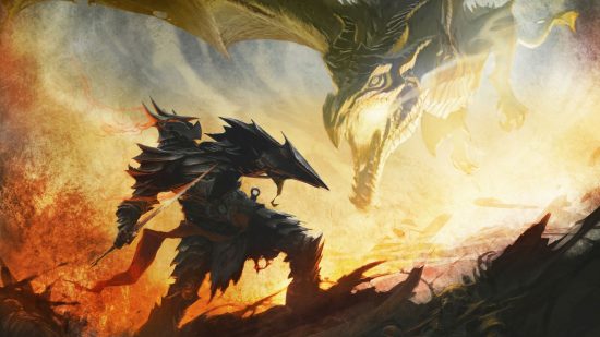 Guilda dos ladrões de Skyrim: um cavaleiro em uma armadura pontiaguda e ornamentada de corpo inteiro segura uma espada e um escudo na forma de um dragão, fogo gorgolejando em sua boca, lendo para respirar, na arte de Skyrim.