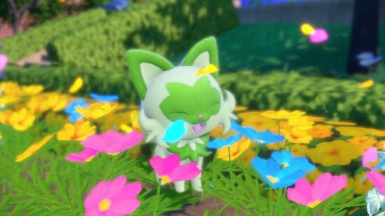 Captura de tela do Sprigatito inicial de Pokémon Scarlet e Violet brincando nas flores