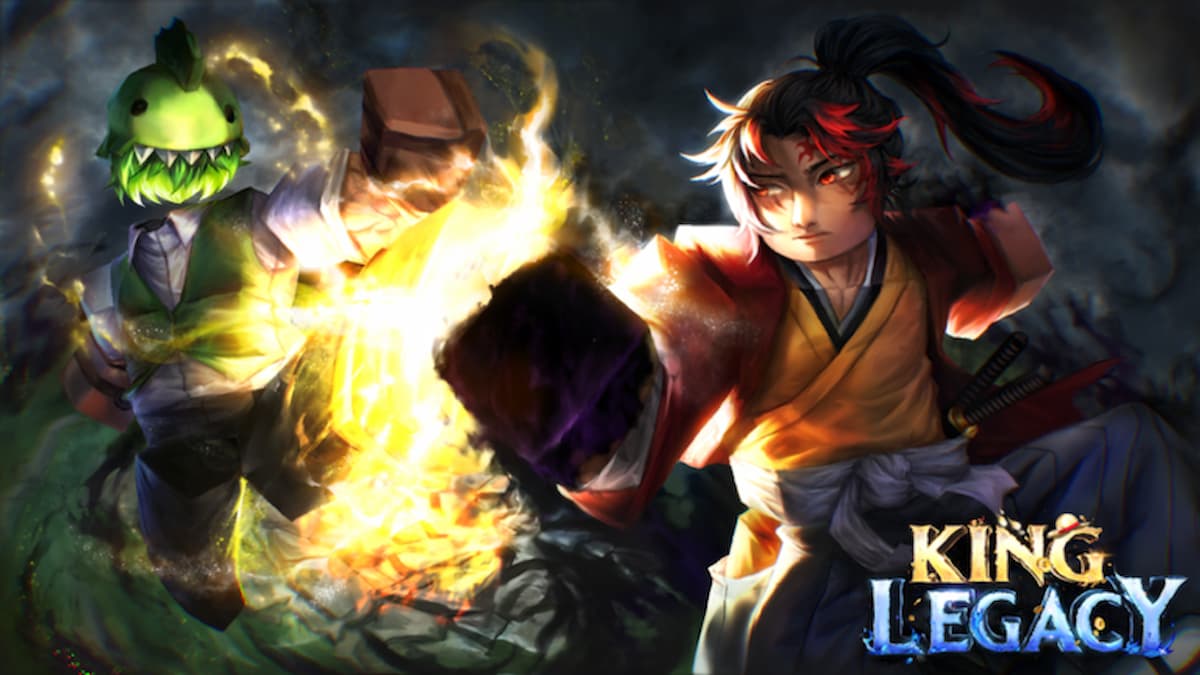 Imagem da capa do jogo King Legacy com um personagem e um inimigo ao fundo.