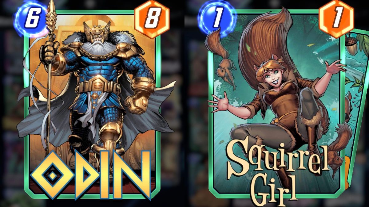uma imagem de Odin em armadura azul e dourada com uma lança dourada à esquerda;  uma imagem da Garota Esquilo em uma fantasia marrom com shorts e uma cauda espessa à direita