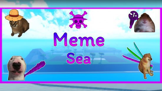 Meme Sea codes - o nome do jogo com o logotipo de One Piece e um monte de memes em torno dele