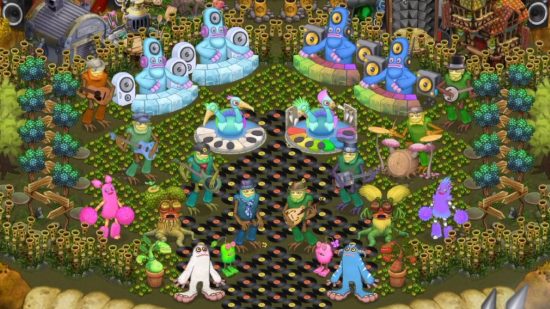 Criação de My Singing Monsters: ley at para o jogo My Singing Monsters mostra muitos dos monstros todos saindo em uma área