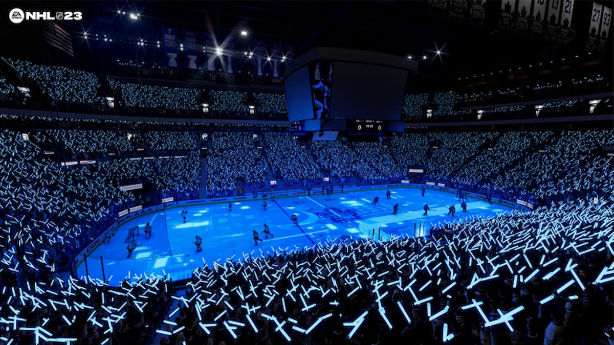 Estádio NHL 23 Toronto com fãs segurando bastões luminosos