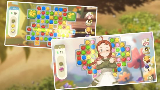 Capturas de tela do jogo Oh My Anne, mostrando uma combinação estilizada de três