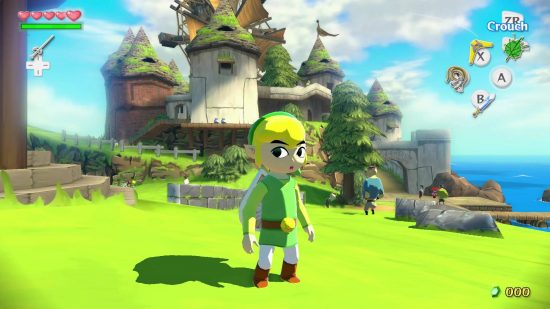 Wind Waker Switch: uma captura de tela mostra uma cena cel shaded e uma versão jovem de desenho animado de Link