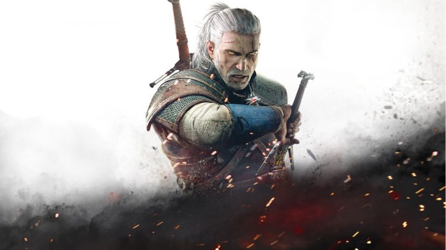 Geralt puxando sua espada na frente de um fundo branco