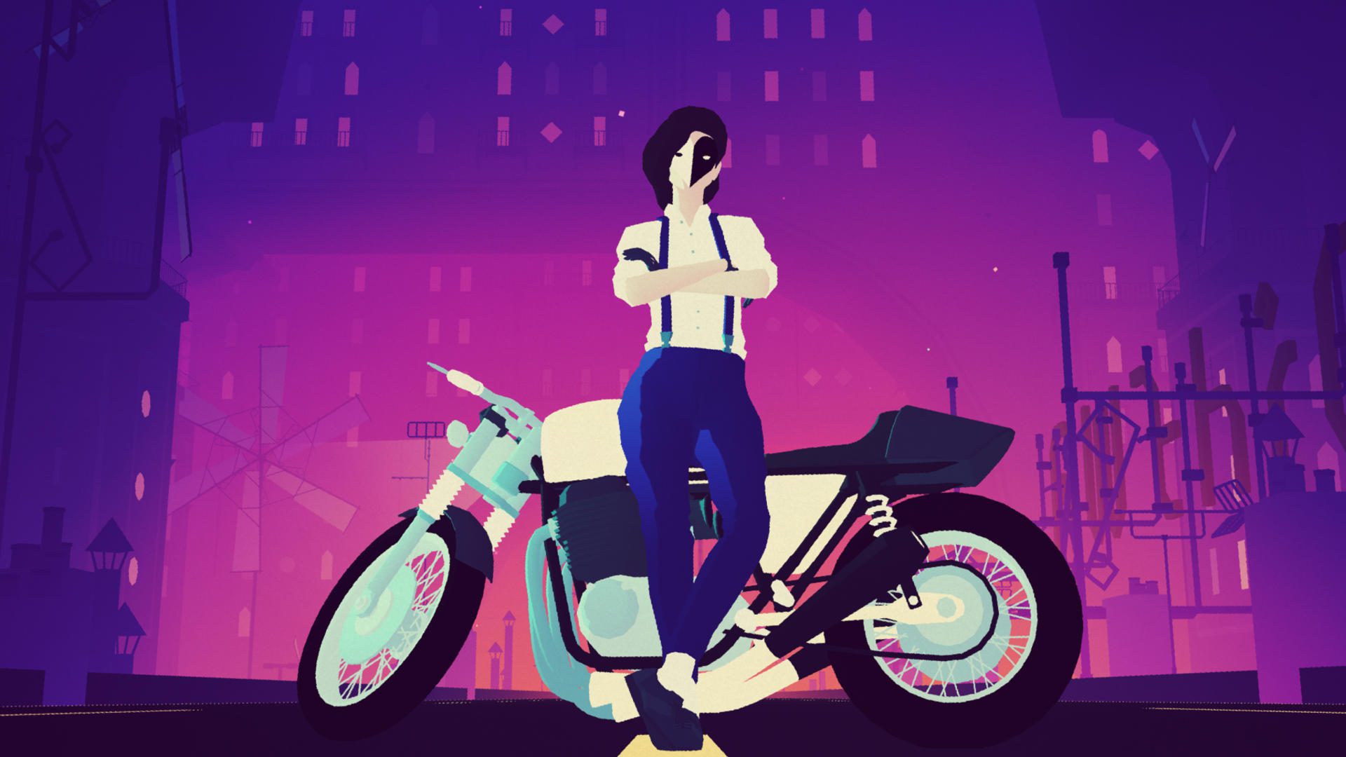 Personagem principal de Sayonara Wild Hearts encostado em uma bicicleta