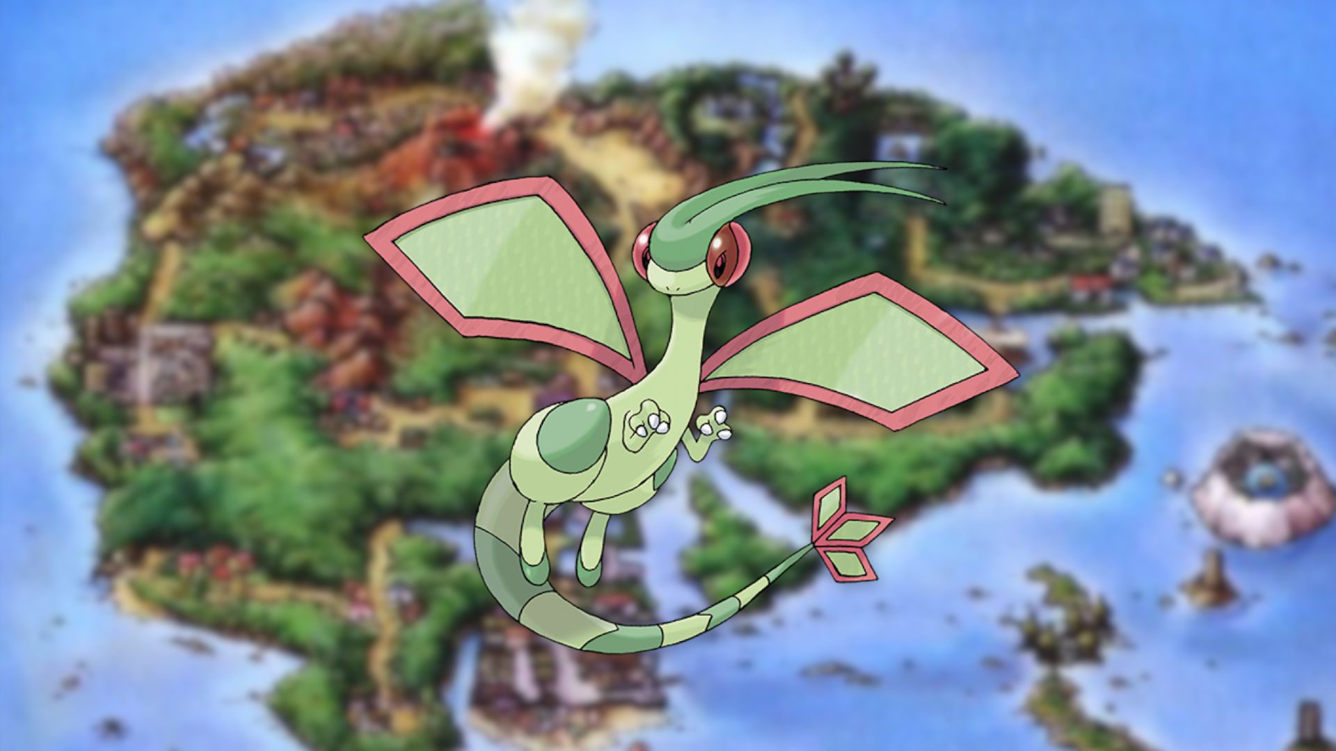 Flygon, um Pokémon gen 3, em um fundo de Hoenn