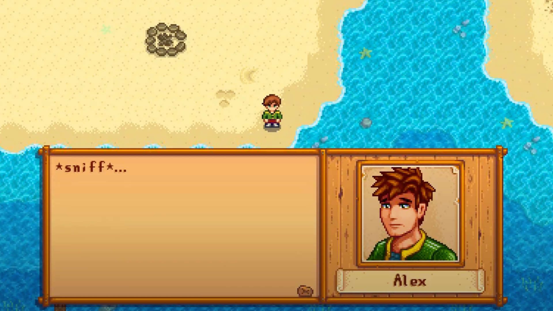 Alex de Stardew Valley chorando na praia