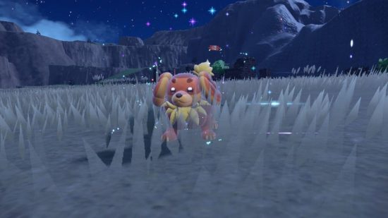 Revisão de Pokémon Scarlet e Violet - Dachsbun ficou em um campo à noite