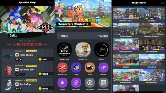 Várias capturas de tela do aplicativo Splatoon 3, mostrando a loja onde você pode comprar equipamentos, o menu principal com várias opções e os mapas disponíveis.