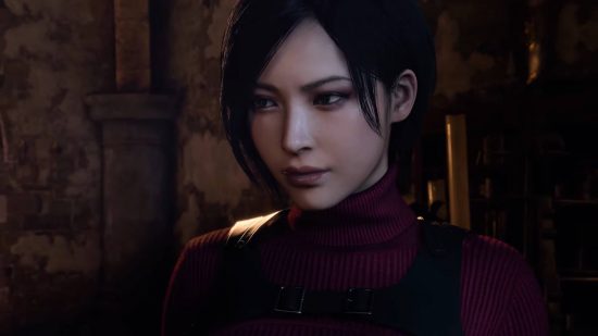 Resident Evil Ada Wong: Uma captura de tela de um jogo Resident Evil mostra o personagem asiático-americano Ada Wong, em um top vermelho distinto e explorando áreas escuras cheias de criaturas zumbis