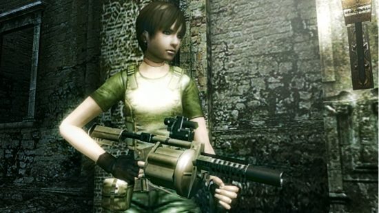 Resident Evil Rebecca segurando um lançador de granadas