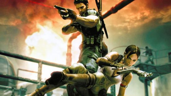 Shiva de Resident Evil segurando uma arma com Chris Redfield atrás dela