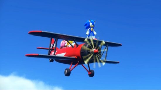 Captura de tela de Sonic Frontier com Sonic andando no topo do avião de Tails