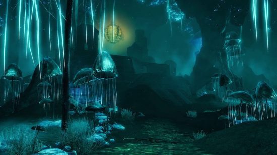 Uma imagem do Blackreach de Skyrim, com o orbe apenas no fundo e cogumelos azuis em todos os lugares