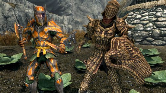 Dois personagens vestindo a armadura do Skyrim Creation Club