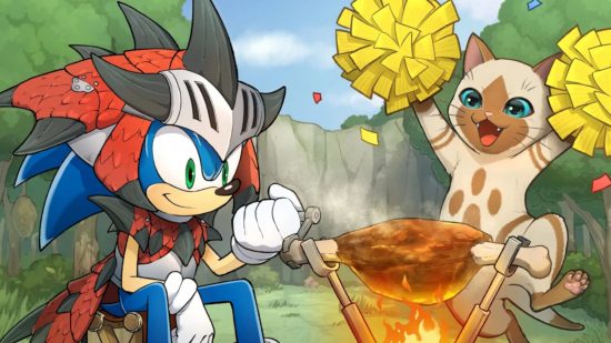 Sonic Frontiers DLC - Sonic na armadura de Rathalos, cozinhando um bife enquanto um palico dança atrás dele
