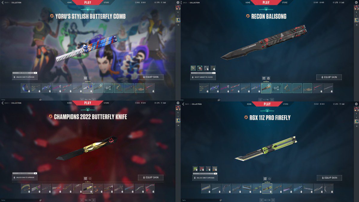 Todas as skins de faca de borboleta VALORANT classificaram a imagem em destaque com todas as quatro facas. 