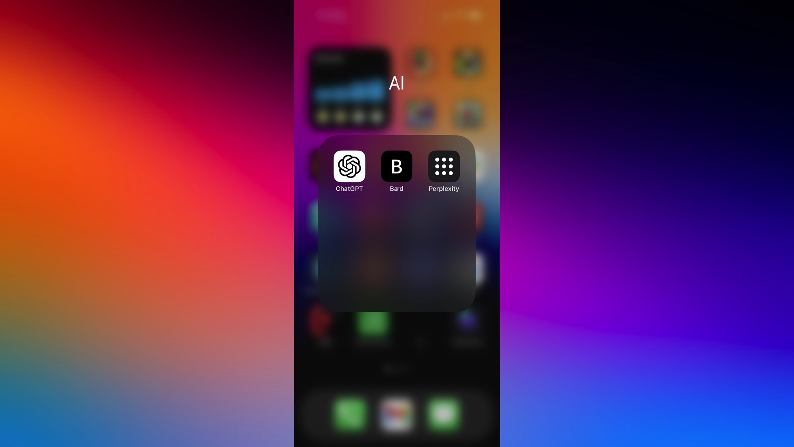 Uma pasta de aplicativos no iPhone contendo aplicativos de IA, incluindo o atalho do Google Bard Safari.